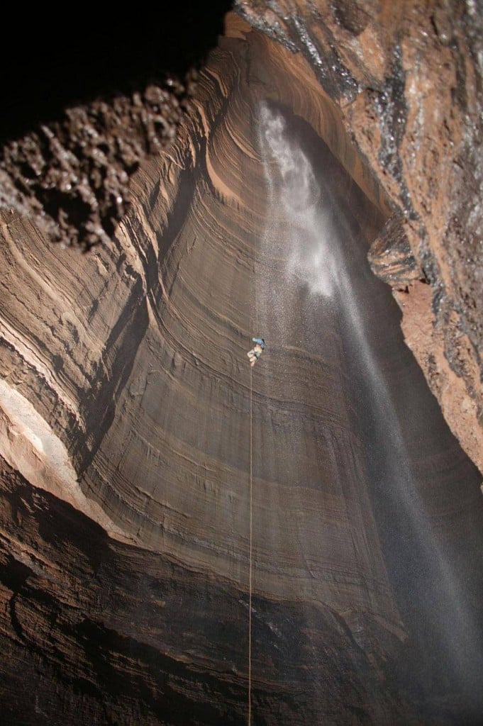 Rappelling into the "Fantastic Pit" cave in Mexico.