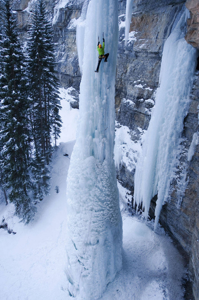 Ice climbing a waterfall.