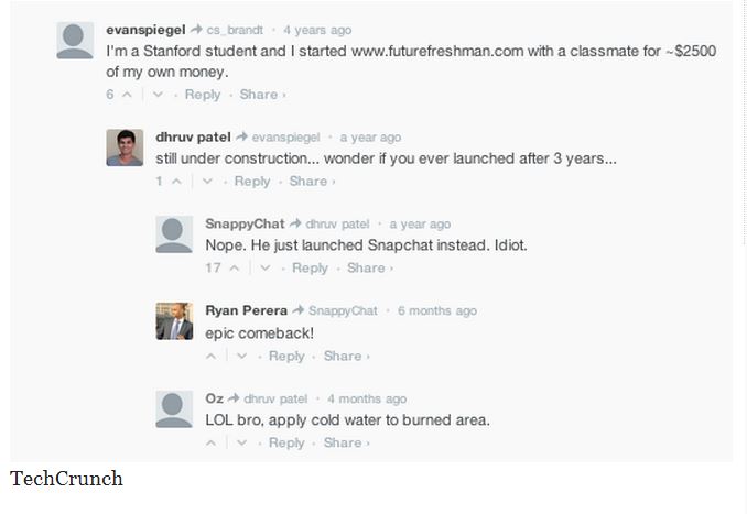 snapchat, evan spiegel, techcrunch, stanford, futurefreshman, dhruvpatel, evan spiegel comment on techcrunch