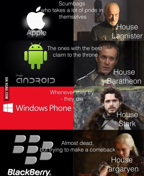 Apple,blackberry,game of phones,game of thrones,android,windows phone,house lannister,house baratheon,house stark,house targaryen