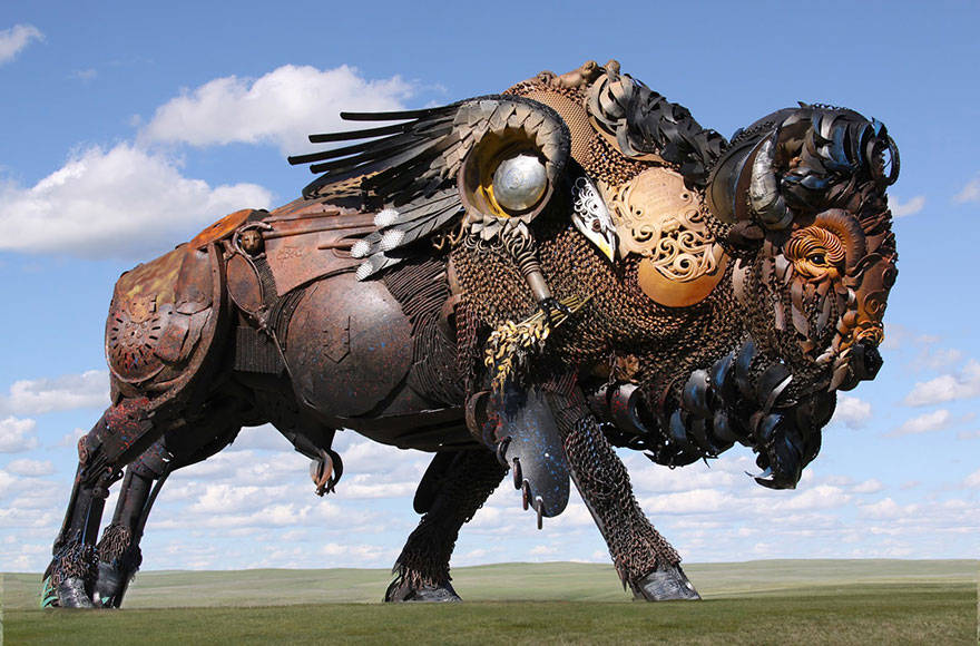 Scrap metal sculptor, bronze sculptor by john lopez, john lopez, metal recycle idea, lemmon, scrap metal sculptor in south dakota, western style sculptures, sculptures using old farm equipment