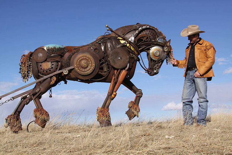 Scrap metal sculptor, bronze sculptor by john lopez, john lopez, metal recycle idea, lemmon, scrap metal sculptor in south dakota, western style sculptures, sculptures using old farm equipment