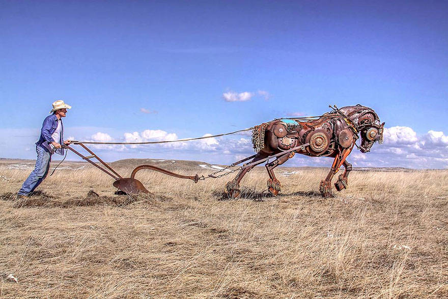 Scrap metal sculptor, bronze sculptor by john lopez, john lopez, metal recycle idea, lemmon, scrap metal sculptor in south dakota, western style sculptures, sculptures using old farm equipment