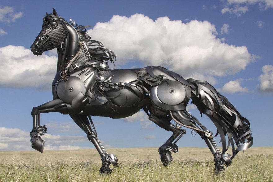 Scrap metal sculptor, bronze sculptor by john lopez, john lopez, metal recycle idea, lemmon, scrap metal sculptor in south dakota, western style sculptures, sculptures using old farm equipment