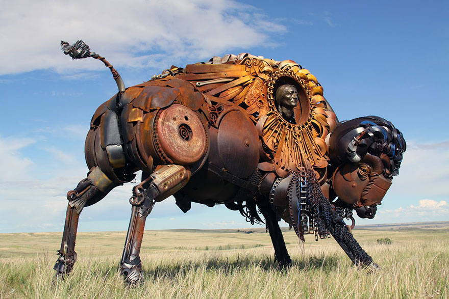 Scrap metal sculptor, bronze sculptor by john lopez, john lopez, metal recycle idea, lemmon, scrap metal sculptor in south dakota, western style sculptures, sculptures using old farm equipment