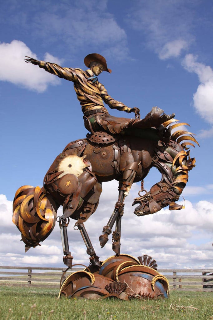 Scrap metal sculptor, bronze sculptor by john lopez, john lopez, metal recycle idea, lemmon, scrap metal sculptor in south dakota, western style sculptures, sculptures using old farm equipment