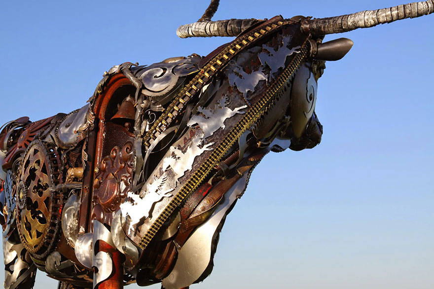 Scrap metal sculptor, bronze sculptor by john lopez, john lopez, metal recycle idea, lemmon, scrap metal sculptor in south dakota, western style sculptures, sculptures using old farm equipment