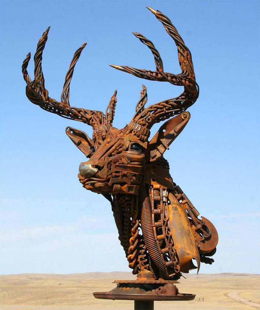 Scrap metal sculptor, bronze sculptor by john lopez, john lopez, metal recycle idea, lemmon, scrap metal sculptor in south dakota, western style sculptures, sculptures using old farm equipment