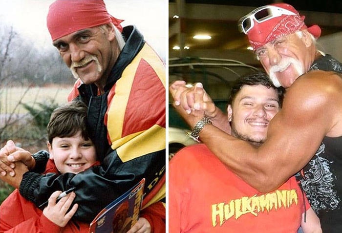 Top photo recreations, childhood to adulthood, childhood photos, before and after, amazing photos, wow, meeting hulk hogan