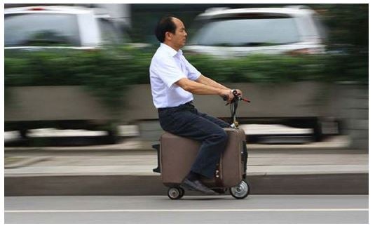 He liang, motorized suitcase, suitcase scooter, chinese innovation, chinese farmer scooter