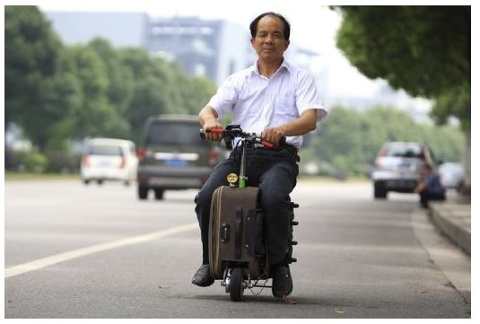 He liang, motorized suitcase, suitcase scooter, chinese innovation, chinese farmer scooter