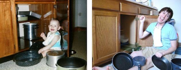 childhood photos, creativity, photos recreation, adult in childhood, baby picture, baby vs adult, lol, omg, wtf, rofl, love, hilarious, recreate baby images