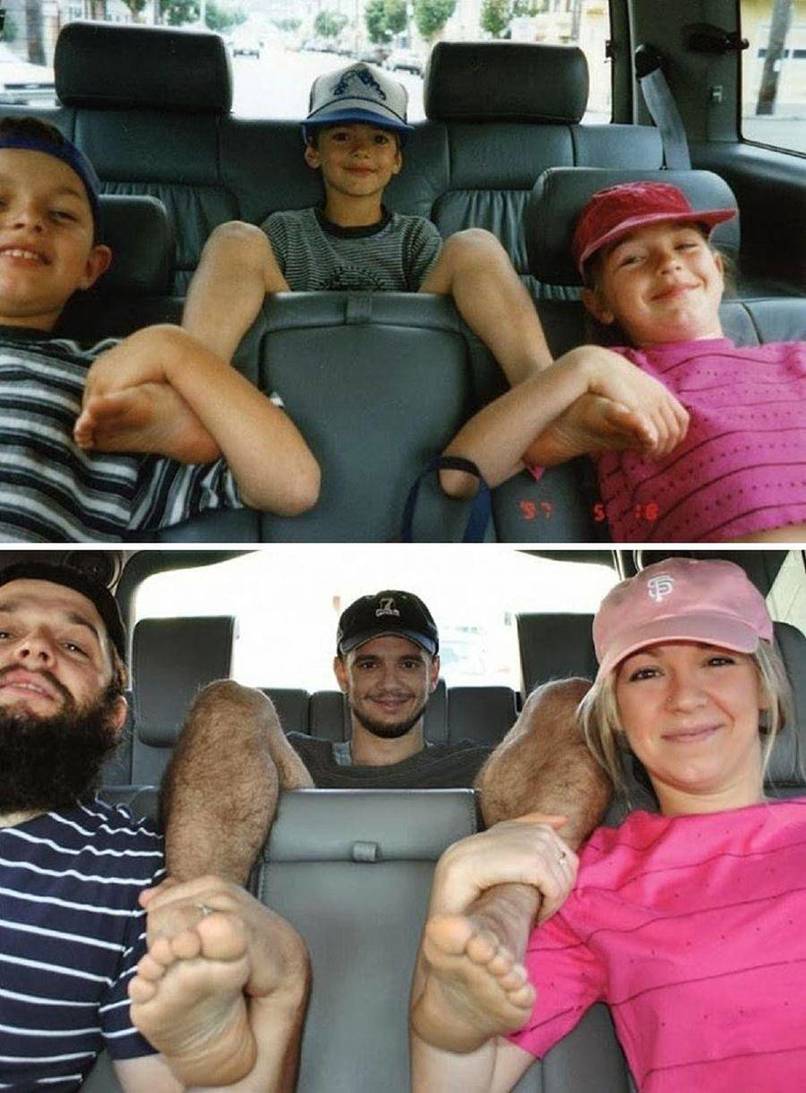 childhood photos, creativity, photos recreation, adult in childhood, baby picture, baby vs adult, lol, omg, wtf, rofl, love, hilarious, recreate baby images