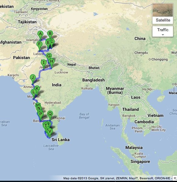 kerala to kashmir road trip map