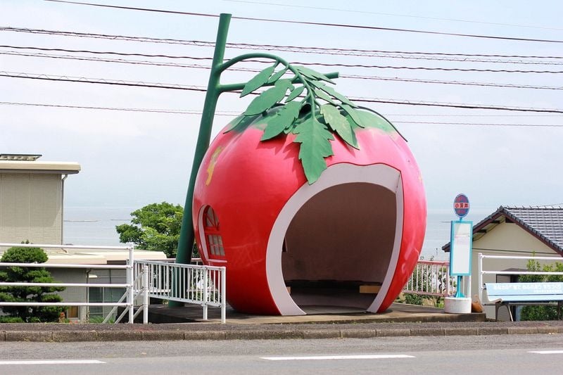 Fruit Shaped Bus Stops, Cute Fruit Shaped Bus Stops, konagai isahaya, fruit bus stops, Japanese town of Konagai, Isahaya, Nagasaki Prefecture, watermelon, strawberry, orange, muskmelon and tomato, Travel Expo, Nagasaki Journey, sixteen fruit-shaped bus shelters, bus shelters
