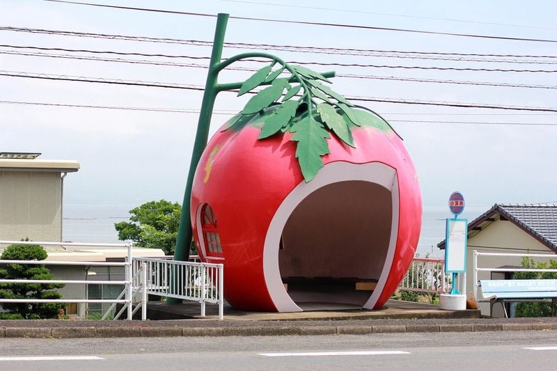 Fruit shaped bus stops, cute fruit shaped bus stops, konagai isahaya, fruit bus stops, japanese town of konagai, isahaya, nagasaki prefecture, watermelon, strawberry, orange, muskmelon and tomato, travel expo, nagasaki journey, sixteen fruit-shaped bus shelters, bus shelters