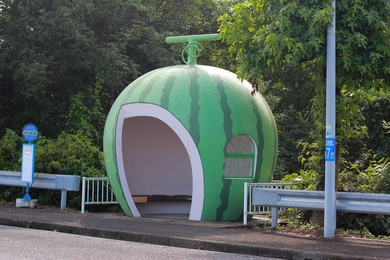 Fruit shaped bus stops, cute fruit shaped bus stops, konagai isahaya, fruit bus stops, japanese town of konagai, isahaya, nagasaki prefecture, watermelon, strawberry, orange, muskmelon and tomato, travel expo, nagasaki journey, sixteen fruit-shaped bus shelters, bus shelters