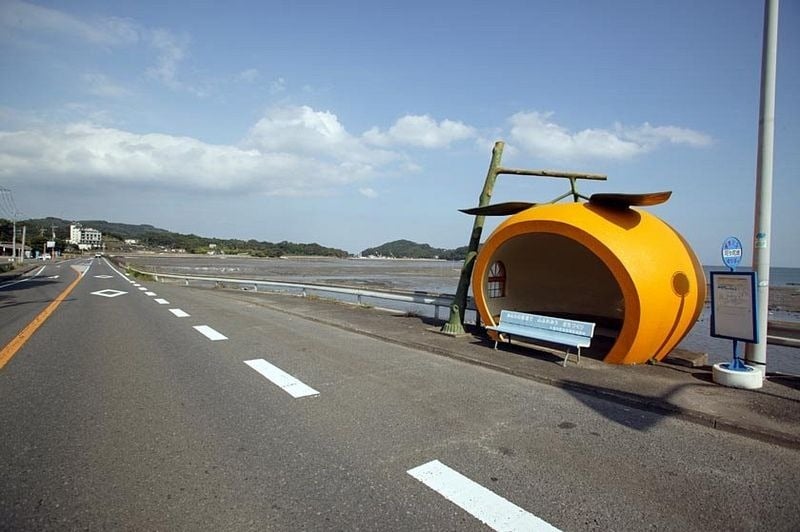 Fruit shaped bus stops, cute fruit shaped bus stops, konagai isahaya, fruit bus stops, japanese town of konagai, isahaya, nagasaki prefecture, watermelon, strawberry, orange, muskmelon and tomato, travel expo, nagasaki journey, sixteen fruit-shaped bus shelters, bus shelters