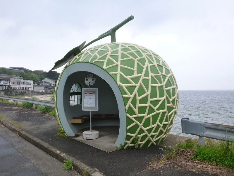 Fruit shaped bus stops, cute fruit shaped bus stops, konagai isahaya, fruit bus stops, japanese town of konagai, isahaya, nagasaki prefecture, watermelon, strawberry, orange, muskmelon and tomato, travel expo, nagasaki journey, sixteen fruit-shaped bus shelters, bus shelters