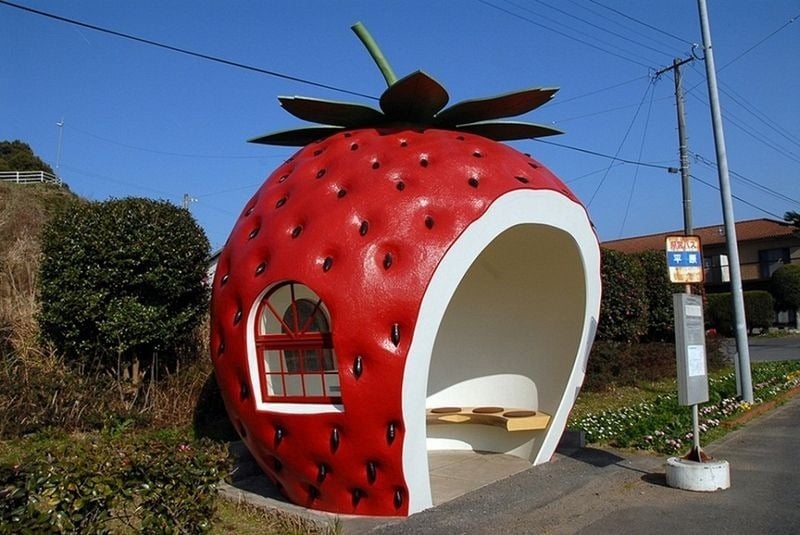 Fruit shaped bus stops, cute fruit shaped bus stops, konagai isahaya, fruit bus stops, japanese town of konagai, isahaya, nagasaki prefecture, watermelon, strawberry, orange, muskmelon and tomato, travel expo, nagasaki journey, sixteen fruit-shaped bus shelters, bus shelters