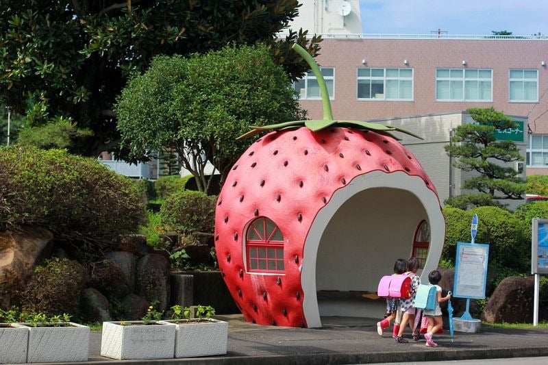 Fruit shaped bus stops, cute fruit shaped bus stops, konagai isahaya, fruit bus stops, japanese town of konagai, isahaya, nagasaki prefecture, watermelon, strawberry, orange, muskmelon and tomato, travel expo, nagasaki journey, sixteen fruit-shaped bus shelters, bus shelters