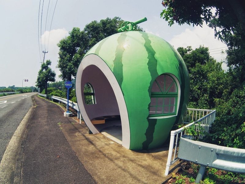 Fruit shaped bus stops, cute fruit shaped bus stops, konagai isahaya, fruit bus stops, japanese town of konagai, isahaya, nagasaki prefecture, watermelon, strawberry, orange, muskmelon and tomato, travel expo, nagasaki journey, sixteen fruit-shaped bus shelters, bus shelters