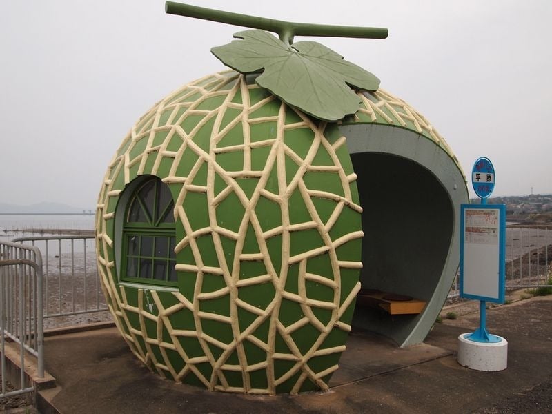 Fruit shaped bus stops, cute fruit shaped bus stops, konagai isahaya, fruit bus stops, japanese town of konagai, isahaya, nagasaki prefecture, watermelon, strawberry, orange, muskmelon and tomato, travel expo, nagasaki journey, sixteen fruit-shaped bus shelters, bus shelters