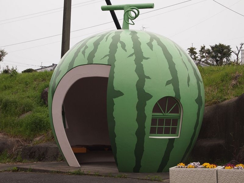 Fruit shaped bus stops, cute fruit shaped bus stops, konagai isahaya, fruit bus stops, japanese town of konagai, isahaya, nagasaki prefecture, watermelon, strawberry, orange, muskmelon and tomato, travel expo, nagasaki journey, sixteen fruit-shaped bus shelters, bus shelters