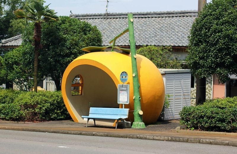 Fruit shaped bus stops, cute fruit shaped bus stops, konagai isahaya, fruit bus stops, japanese town of konagai, isahaya, nagasaki prefecture, watermelon, strawberry, orange, muskmelon and tomato, travel expo, nagasaki journey, sixteen fruit-shaped bus shelters, bus shelters