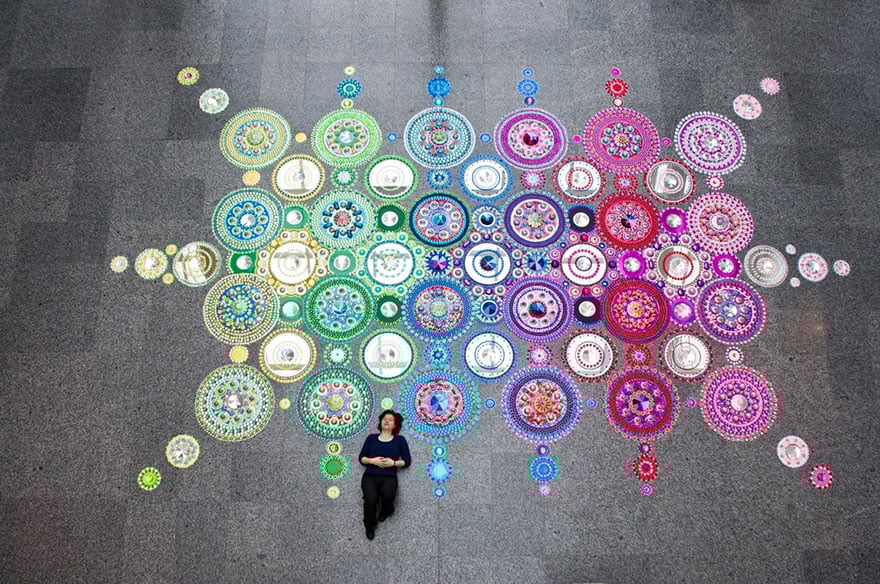 kaleidoscope, crystal, jewel, floor, art, suzan drummen, artist, Netherlands, art, installations, gems, tiny crystals, dazzling crystals, mandala art, textile designs, amazing art, amazing idea, wow, art, creative, creativity, incredible