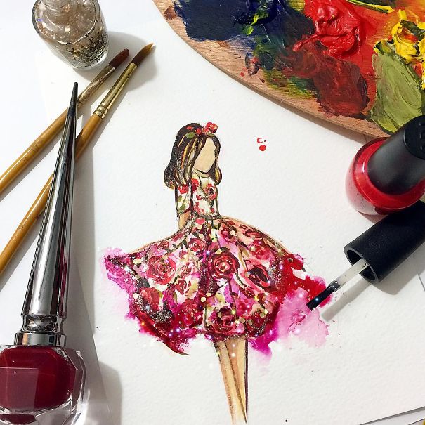 Chan clayrene, fashion, art, artist, paintings, illustration, nail polish, watercolour, beautiful, wow, amazing, awesome