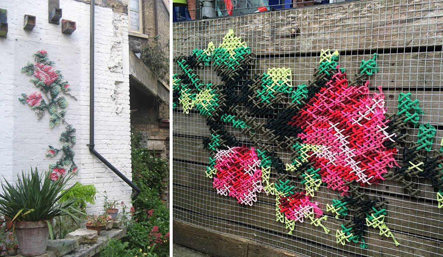 Cross stitch art, street art, raquel rodrigo, creative, amazing, awesome, wow