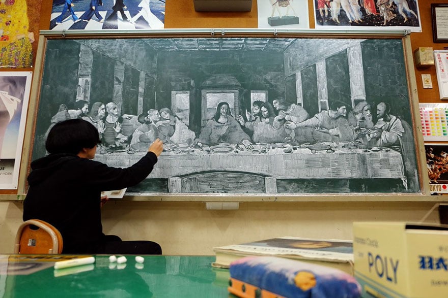 art teacher, blackboard, chalk, chalk art, chalk drawing Hamacream, Hirotaka Hamasaki, photography, amazing, wow