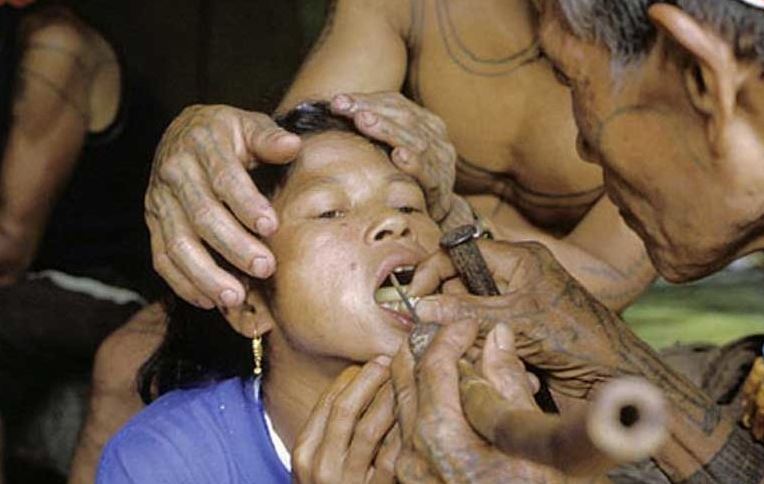 sumatra's antawaian tribes, . chiseled, pointy-sharp teeth, running blade on teeth, 