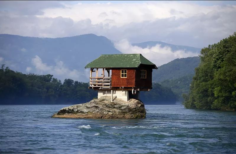 drina river house, bajina basta, serbia, drina river bridge, bizarre, house, europe