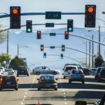 traffic signal with red and green light