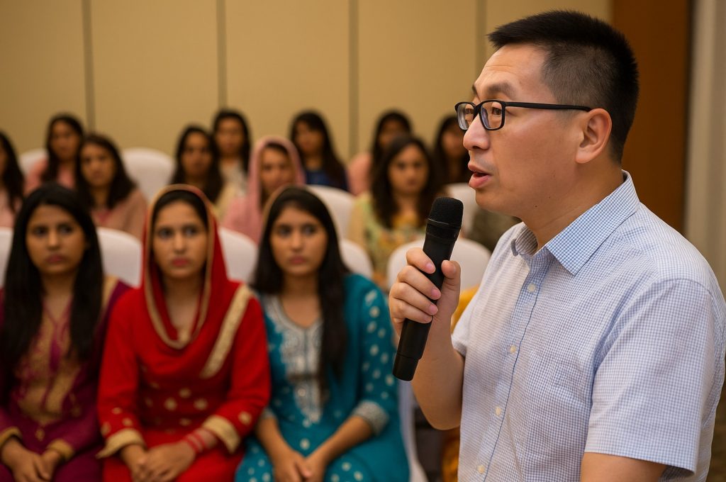 chinese man giving lecture to pakistani women group