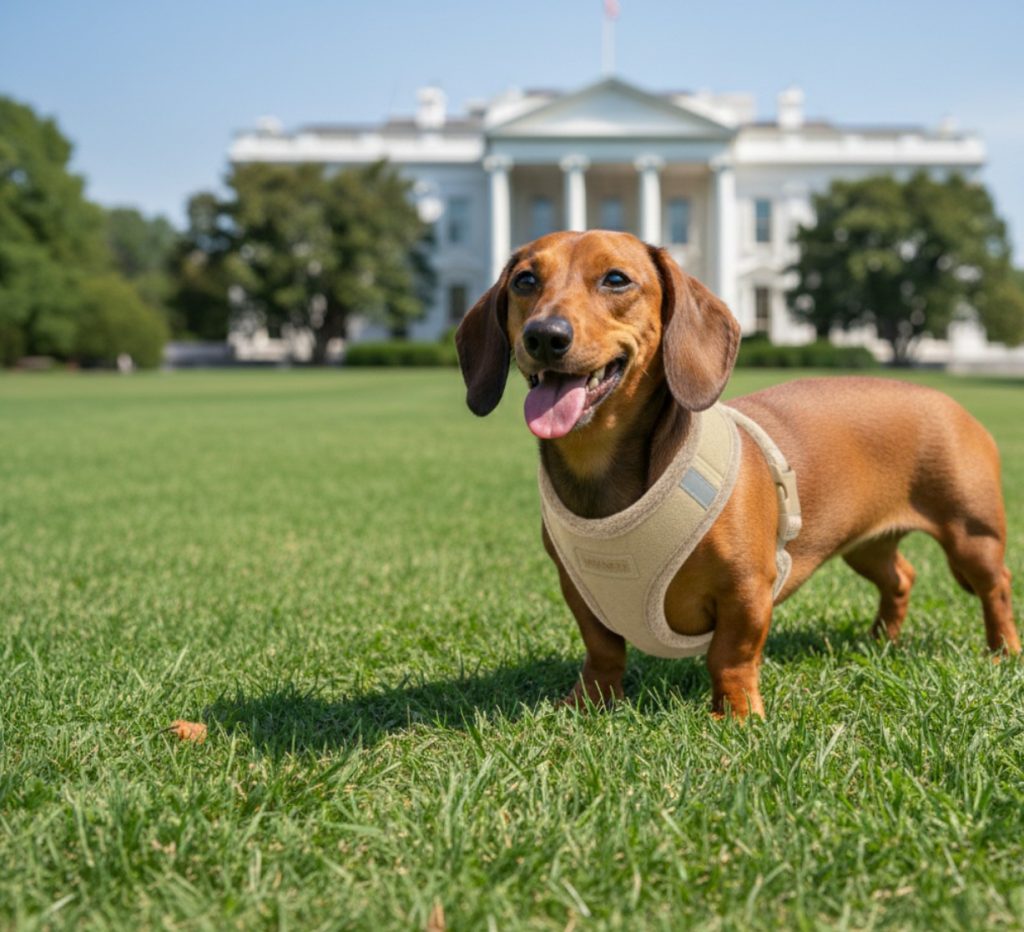 dachshund in front of white house