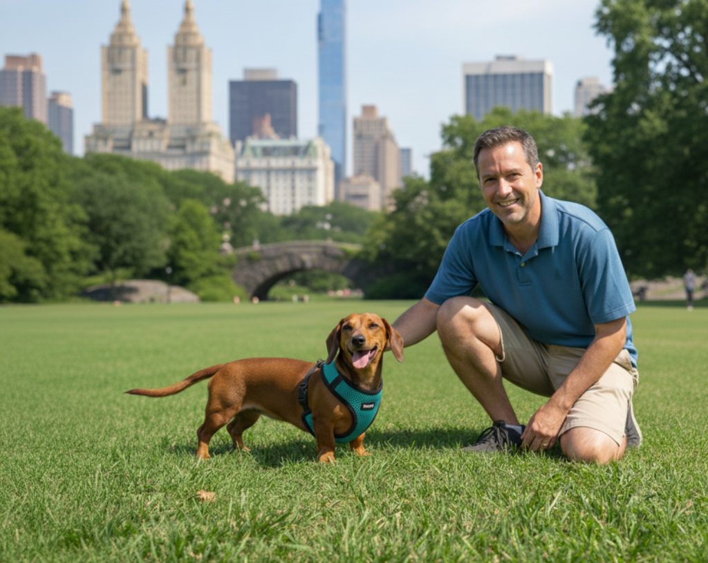 dachshund in harness with owner in NY central park