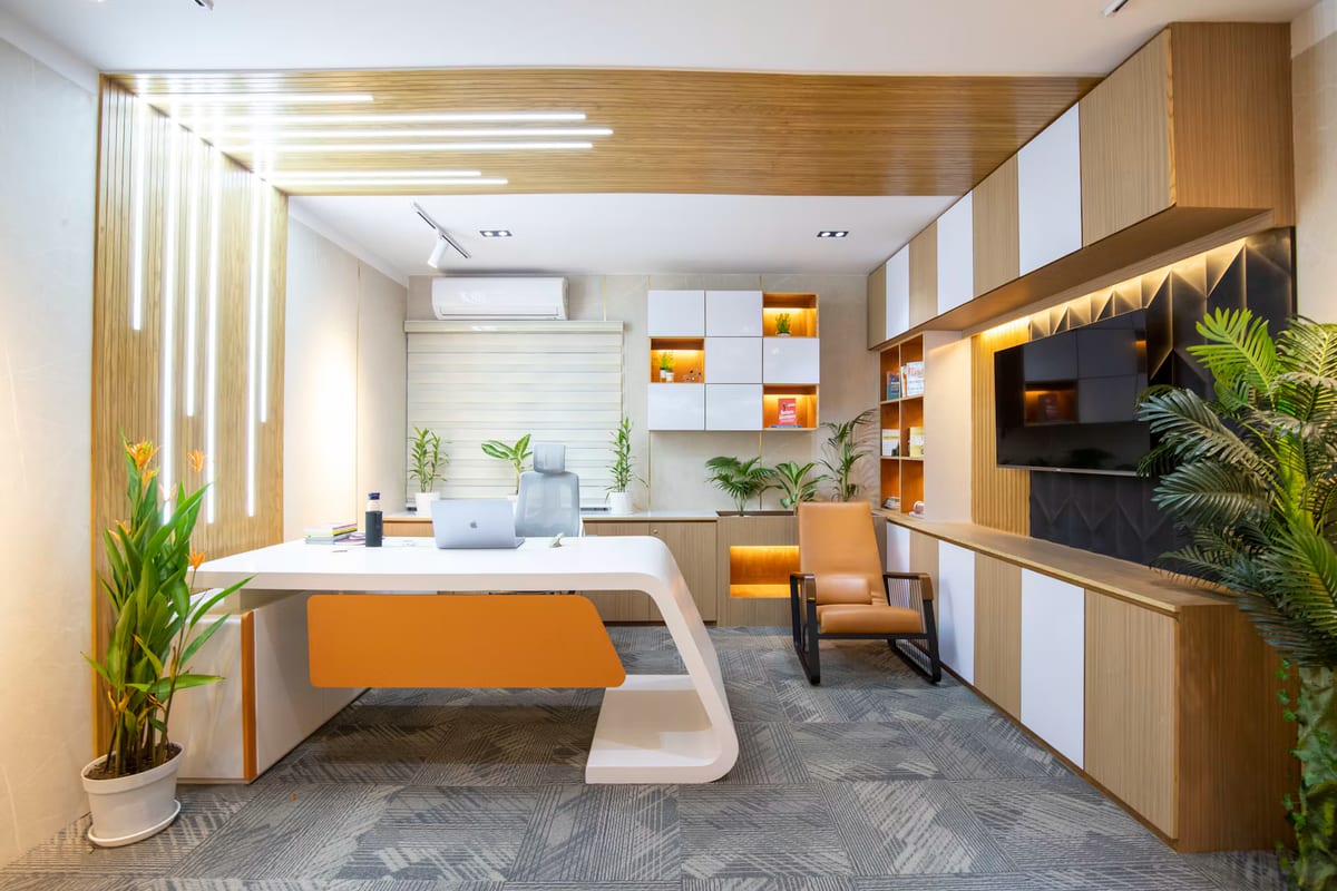 Modern executive office with bright overhead ceiling lights, sleek desk, and indoor plants.