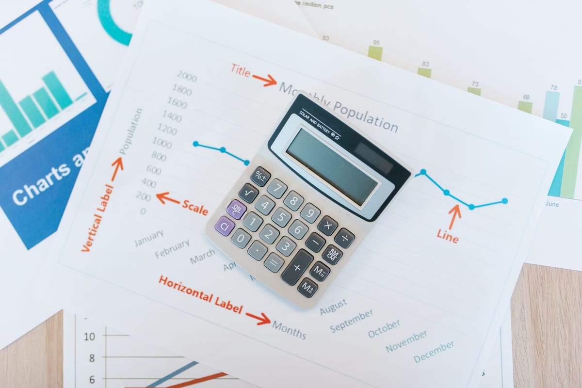 A calculator sits on top of printed financial line charts and market data sheets.
