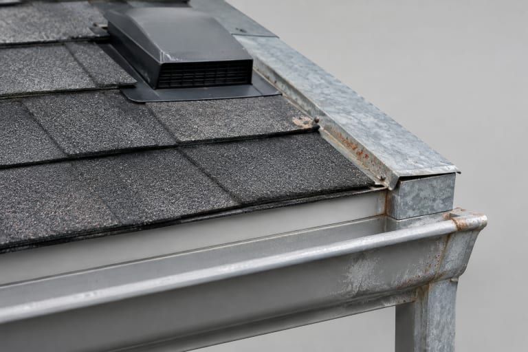 Corroded metal flashing and rain gutter along a shingled roof edge showing rust from coastal air.