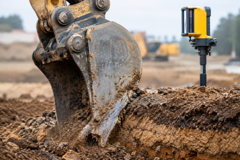 Excavator bucket digging a trench beside a laser level receiver on an earthwork construction site.