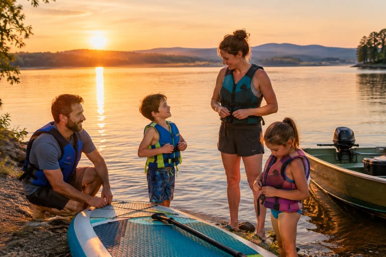 A family wearing life jackets prepares a paddleboard along the lake shore at sunset.