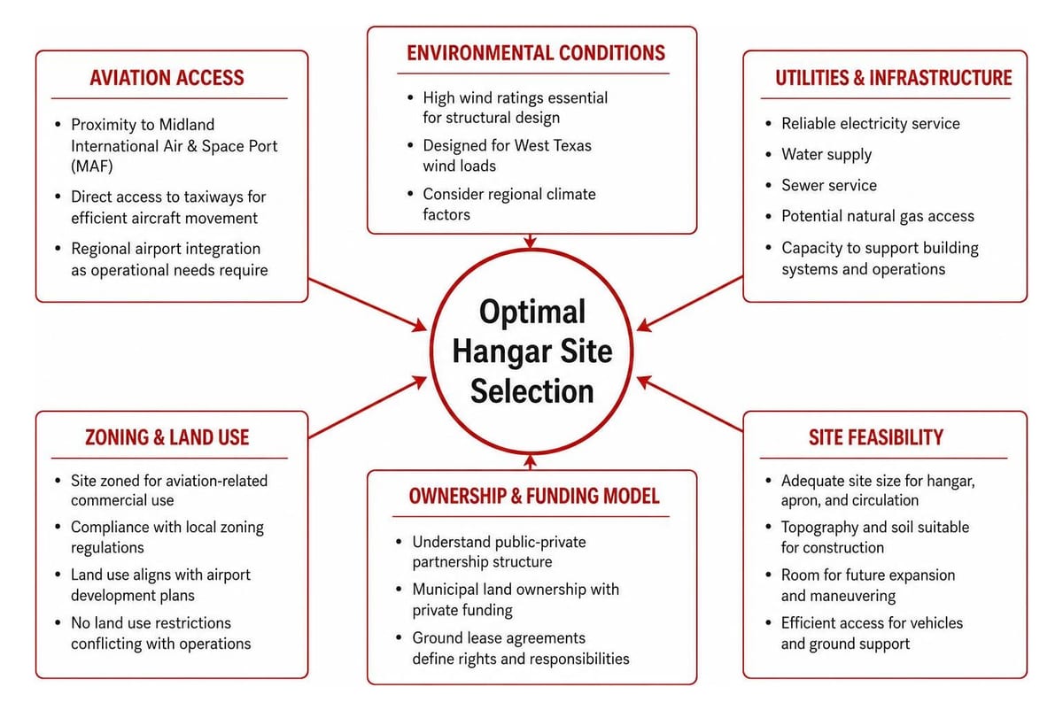 Flowchart showing factors for optimal hangar site selection including aviation access, environmental conditions, and zoning.