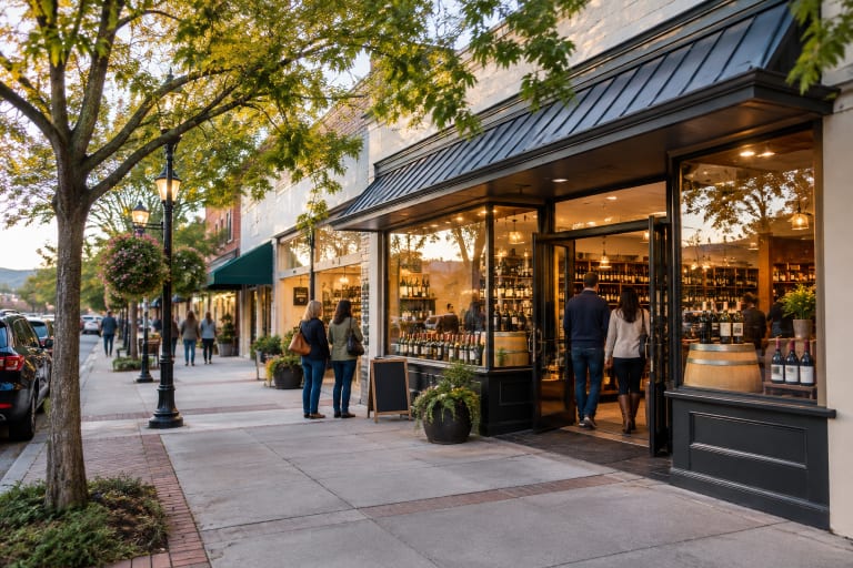 Shoppers walking into a charming downtown wine shop with bottles displayed in large front windows.