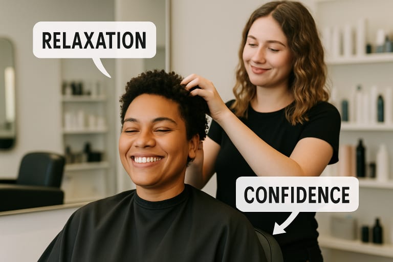 Smiling woman enjoying hair styling from a stylist in a salon chair, highlighting relaxation and confidence.