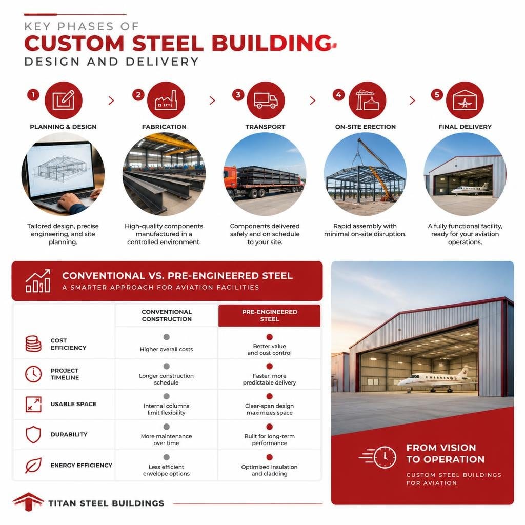 Infographic showing phases and efficiency comparison of pre-engineered custom steel building construction.